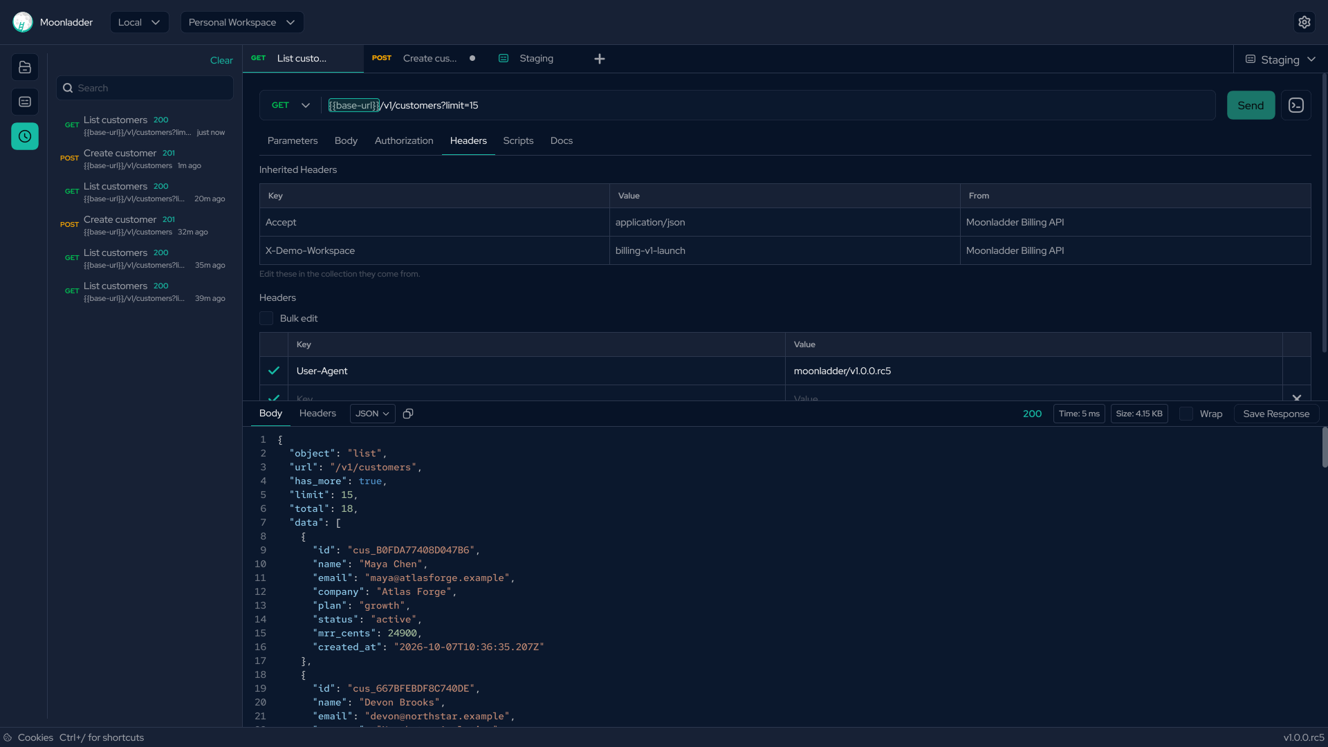 A GET request to /v1/customers returning 200 with a JSON list of customers